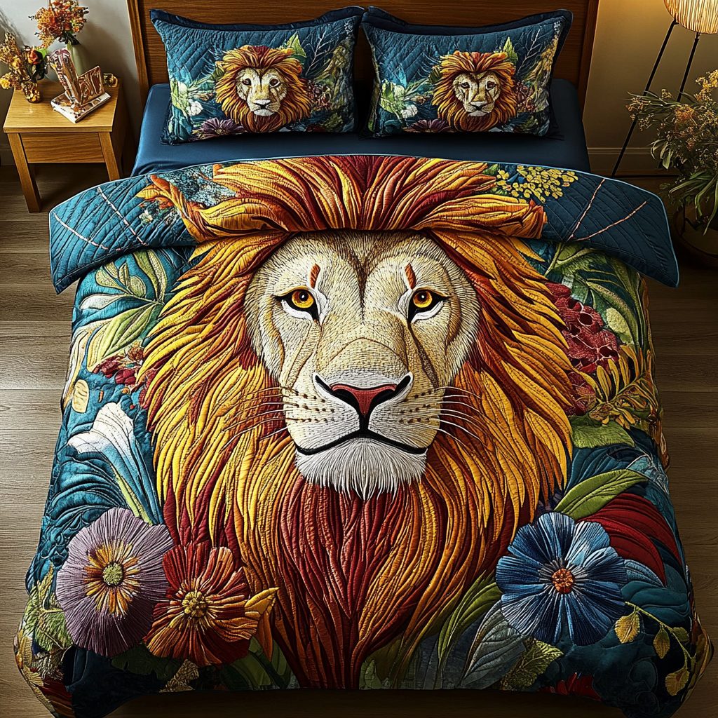 Noble Strength quilted 3-piece bedding set on a made bed with two matching pillow shams