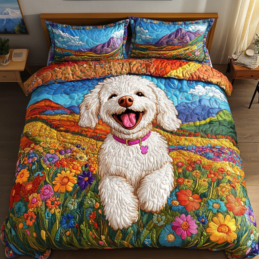 Noble Tail quilted 3-piece bedding set on a made bed with two matching pillow shams