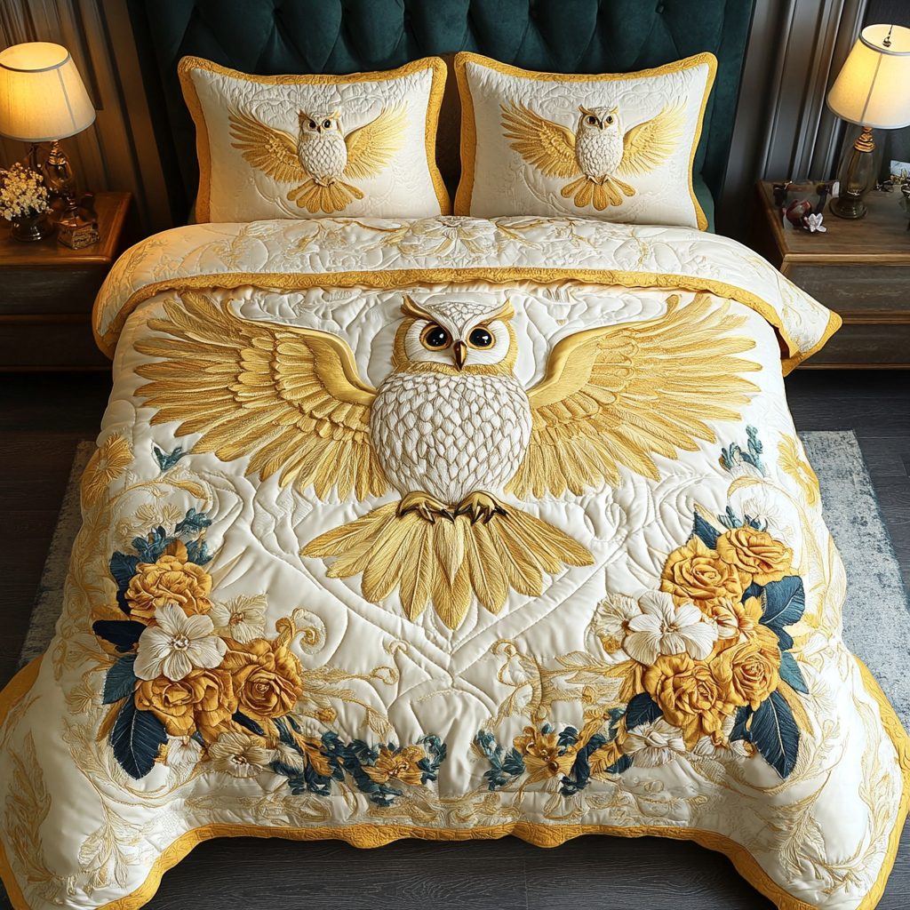 Nocturnal Beauty quilted 3-piece bedding set on a made bed with two matching pillow shams