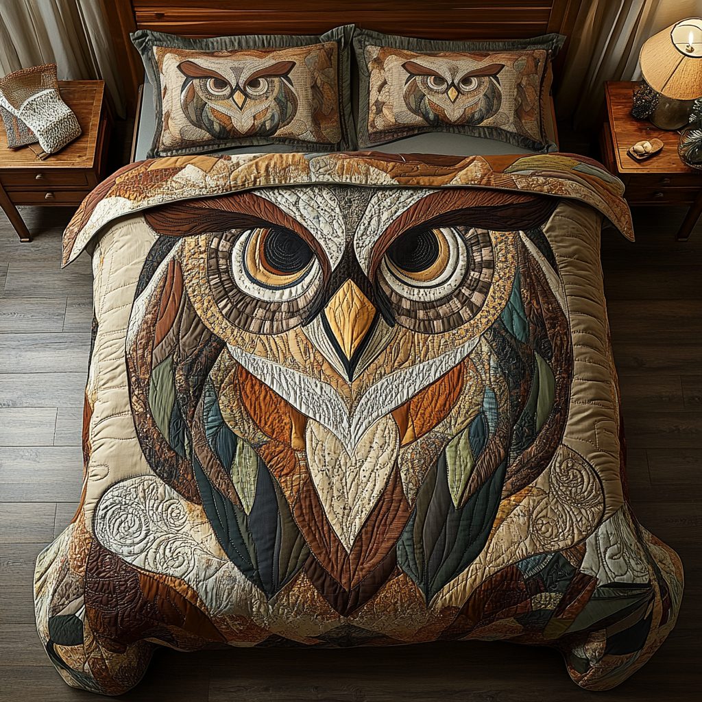 Nocturnal Charm quilted 3-piece bedding set on a made bed with two matching pillow shams