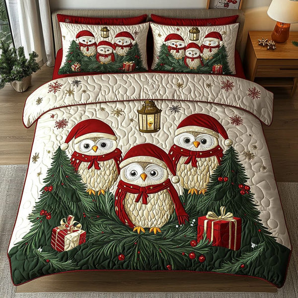 Nocturnal Noel quilted 3-piece bedding set on a made bed in a winter-styled bedroom
