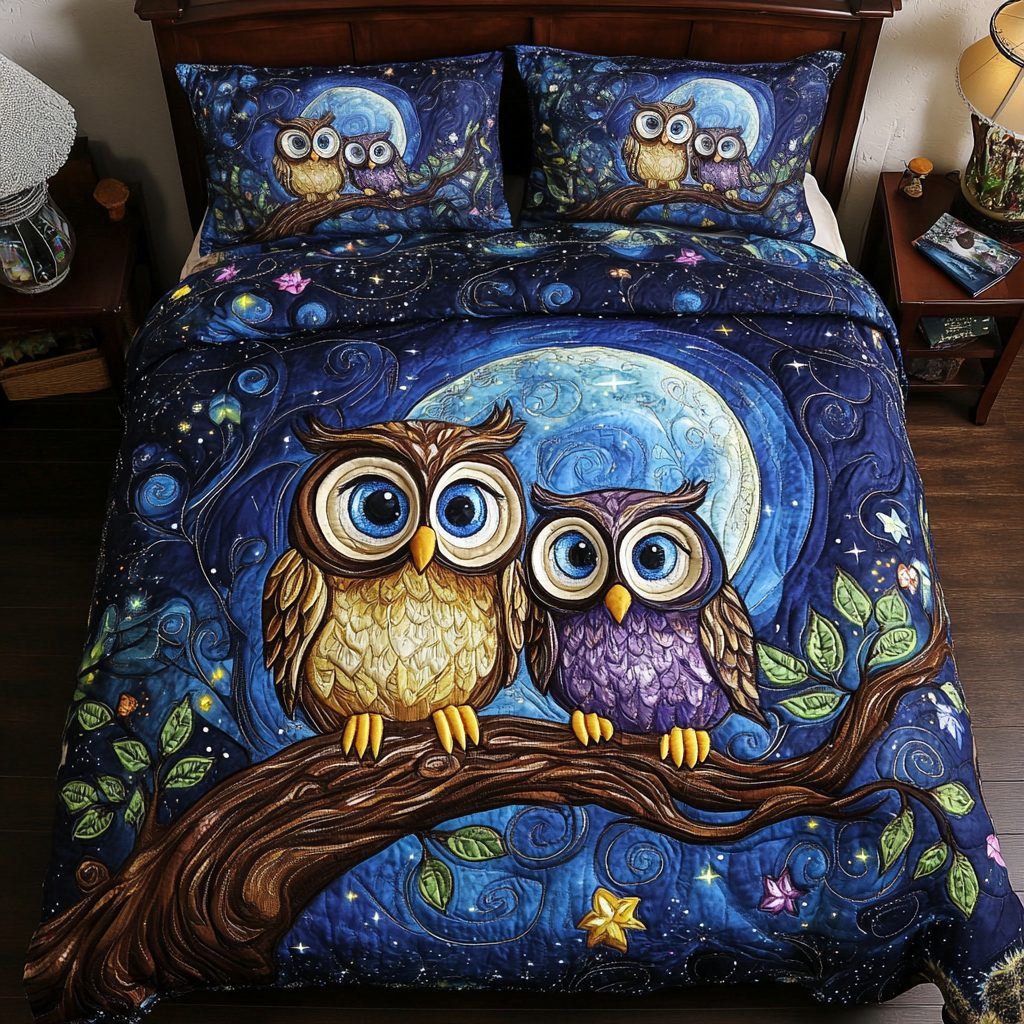 Nocturnal Pair quilted 3-piece bedding set on a made bed with two matching pillow shams
