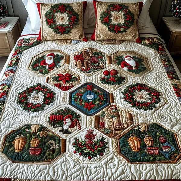 Noel Charm Spread quilted 3-piece bedding set on a made bed in a winter-styled bedroom