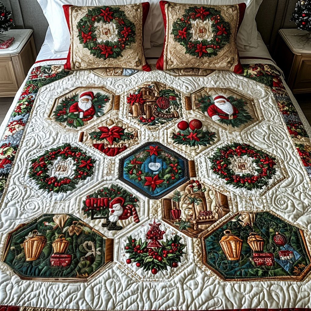 Noel Charm Spread quilted 3-piece bedding set on a made bed in a winter-styled bedroom
