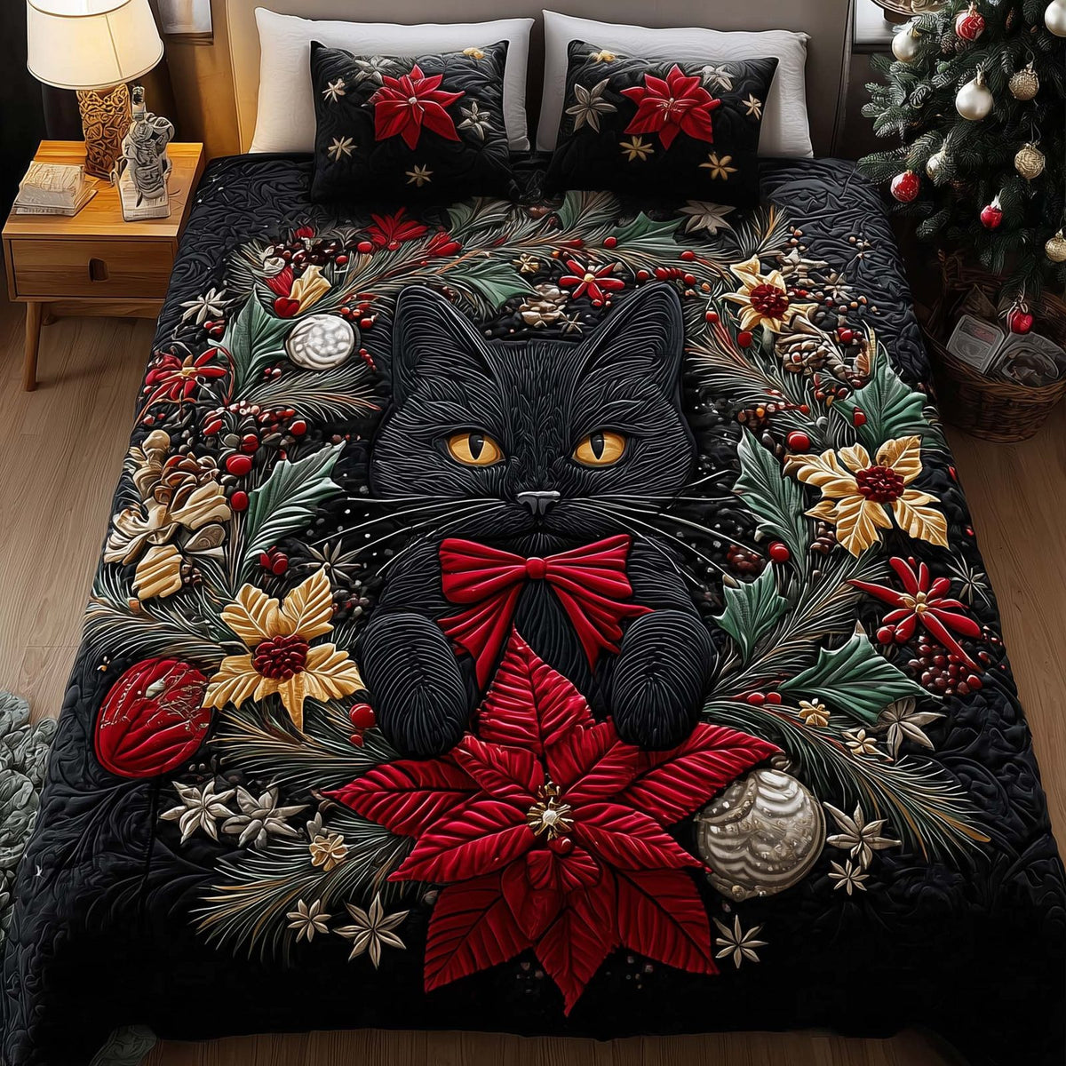Noel Paws quilted 3-piece bedding set on a made bed in a winter-styled bedroom