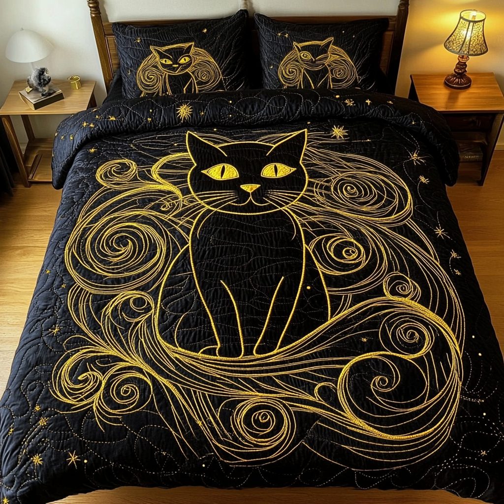 Noir Whiskers quilted 3-piece bedding set on a made bed with two matching pillow shams