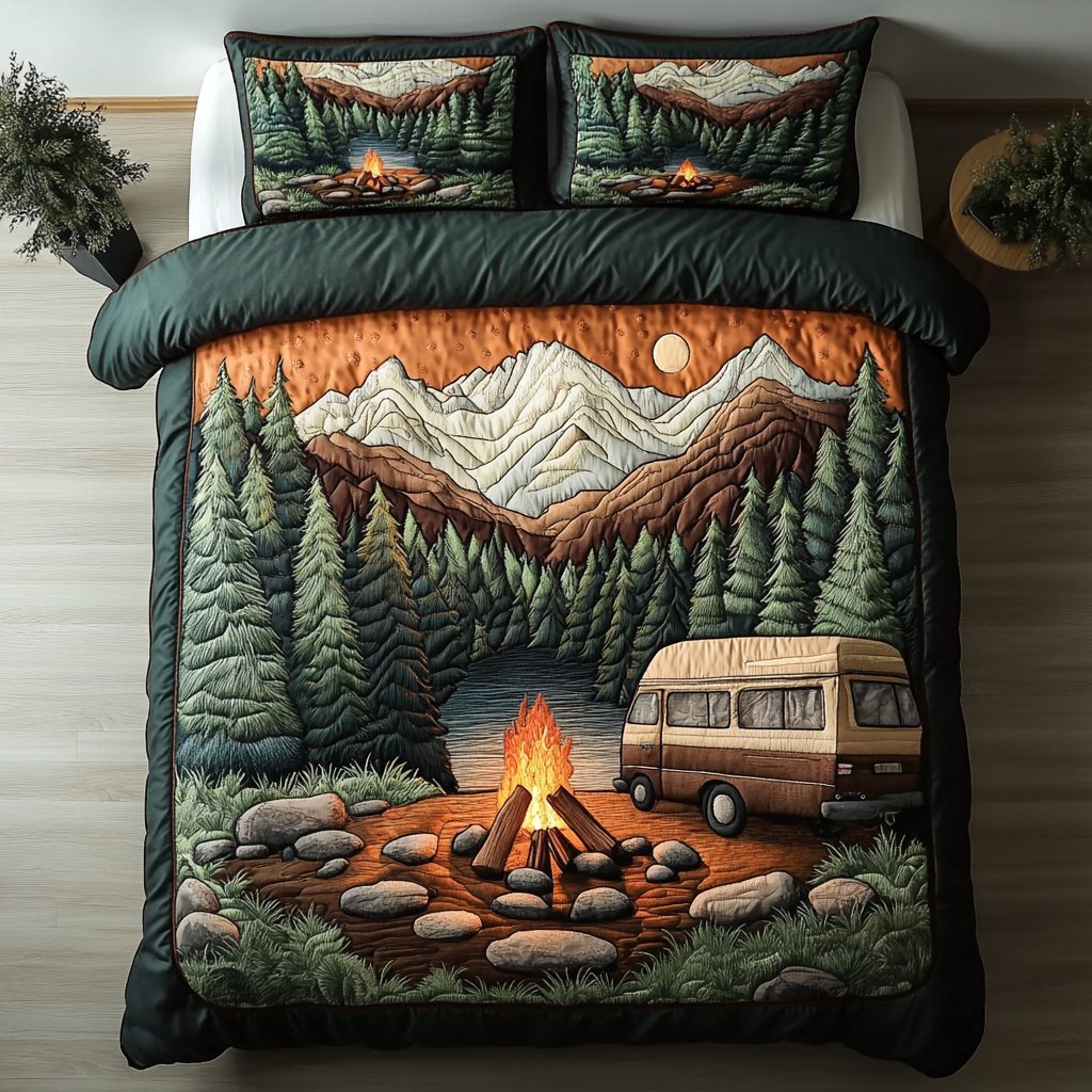 Nomad Life quilted 3-piece bedding set on a made bed with two matching pillow shams