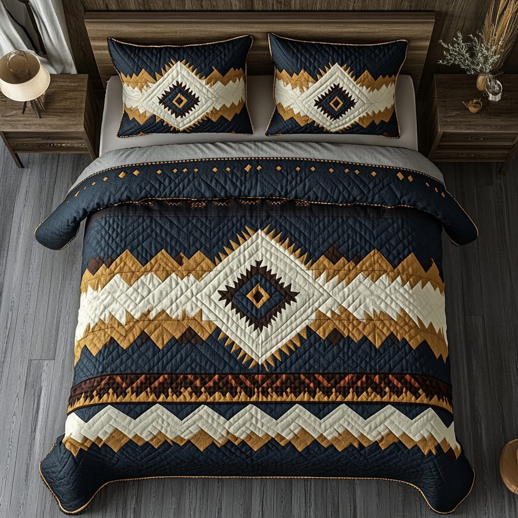 Nomad Touch quilted 3-piece bedding set on a made bed with two matching pillow shams