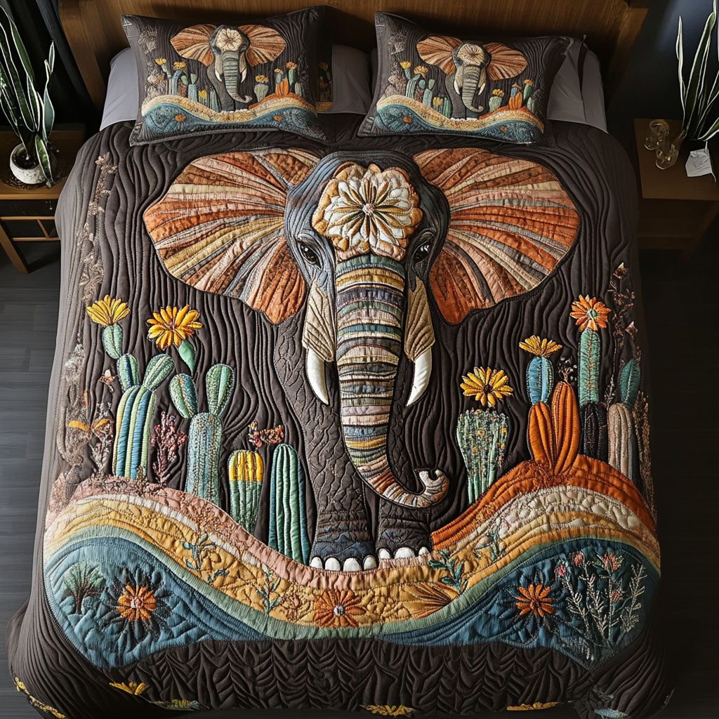 Nomadic Elephant quilted 3-piece bedding set on a made bed with two matching pillow shams