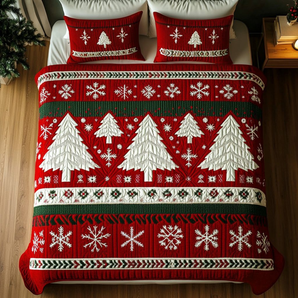 Nordic Noel quilted 3-piece bedding set on a made bed in a winter-styled bedroom