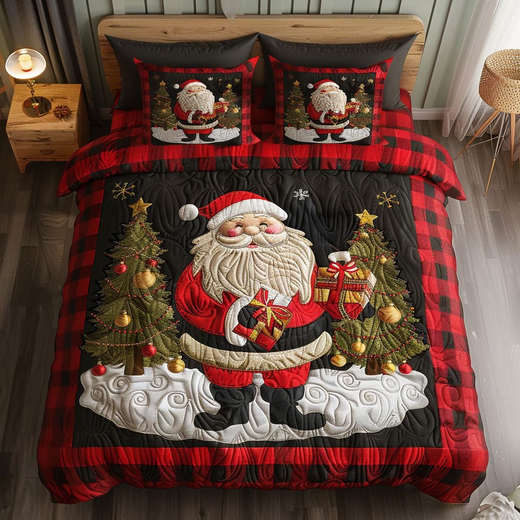 Nordic Santa quilted 3-piece bedding set on a made bed in a winter-styled bedroom