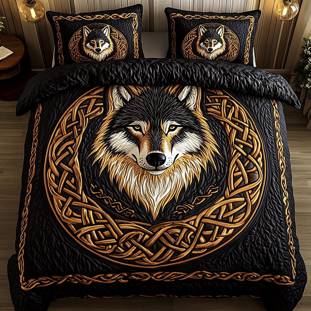 Nordic Wolf Spirit quilted 3-piece bedding set on a made bed with two matching pillow shams