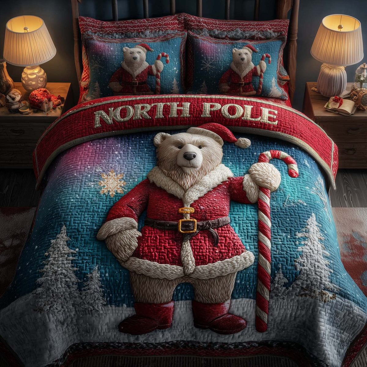 North Bear Duvet Cover Set quilted 3-piece bedding set on a made bed with two matching pillow shams