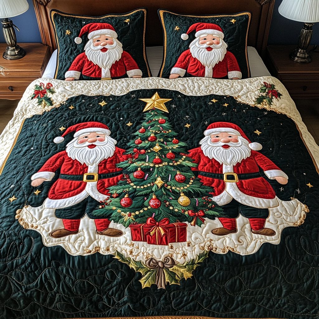 North Pole Cheer quilted 3-piece bedding set on a made bed with two matching pillow shams