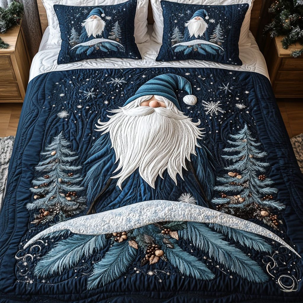 North Pole Nights quilted 3-piece bedding set on a made bed with two matching pillow shams