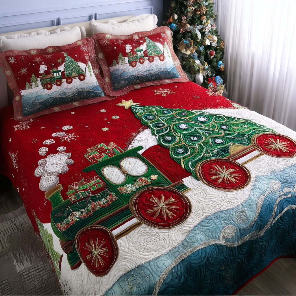 Northbound Express quilted 3-piece bedding set on a made bed with two matching pillow shams