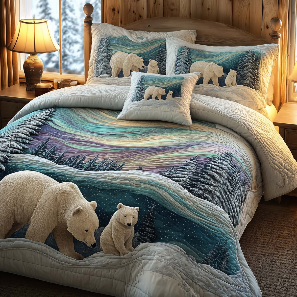 Northern Calm quilted 3-piece bedding set on a made bed with two matching pillow shams