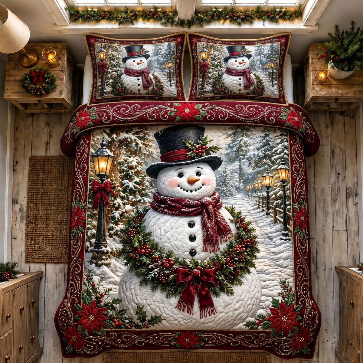 Nostalgic Snowman quilted 3-piece bedding set on a made bed in a winter-styled bedroom