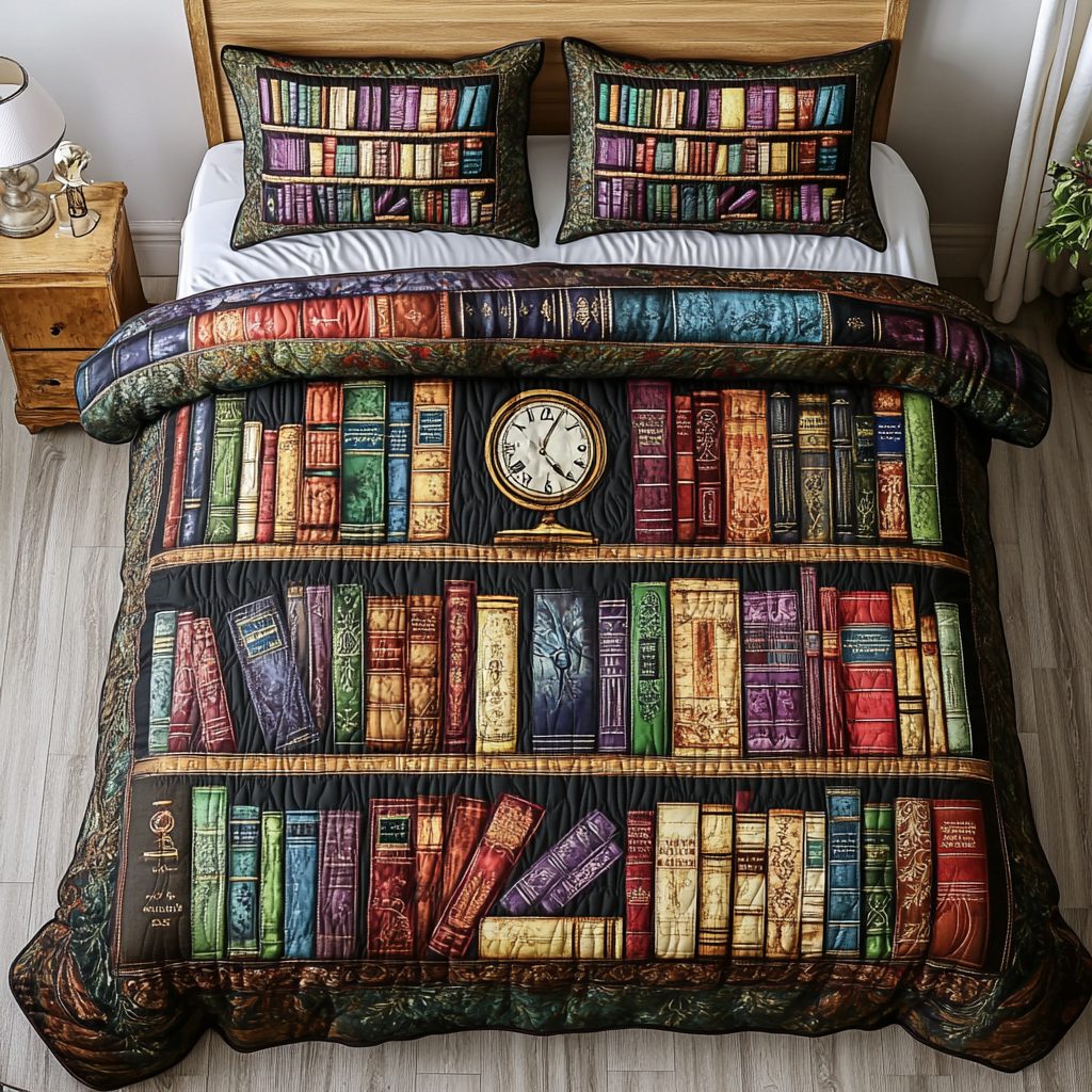 Novel Garden quilted 3-piece bedding set on a made bed with two matching pillow shams