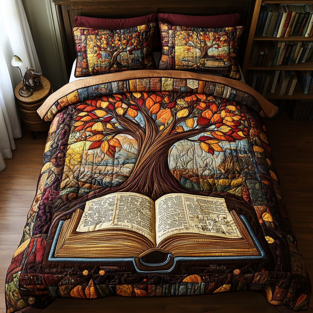 Novel Nest quilted 3-piece bedding set on a made bed with two matching pillow shams