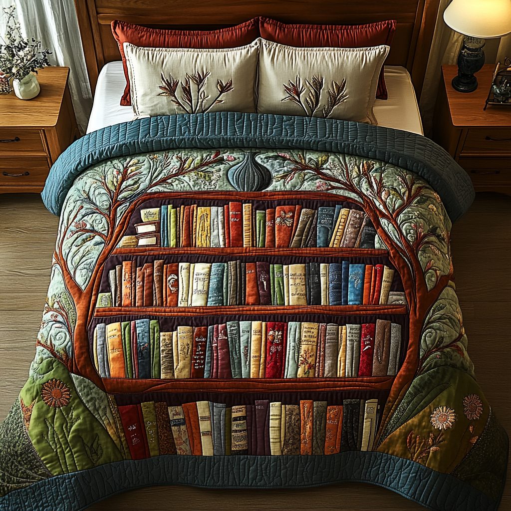 Novel Nook quilted 3-piece bedding set on a made bed with two matching pillow shams