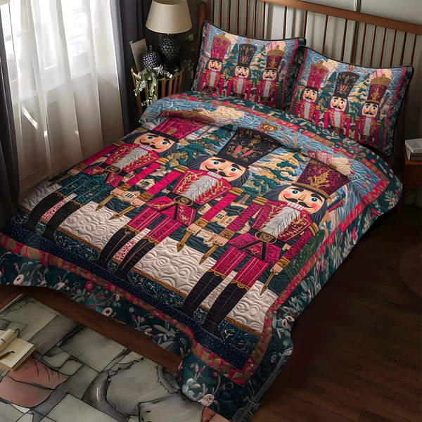 Nutcracker Dreamland quilted 3-piece bedding set on a made bed in a winter-styled bedroom