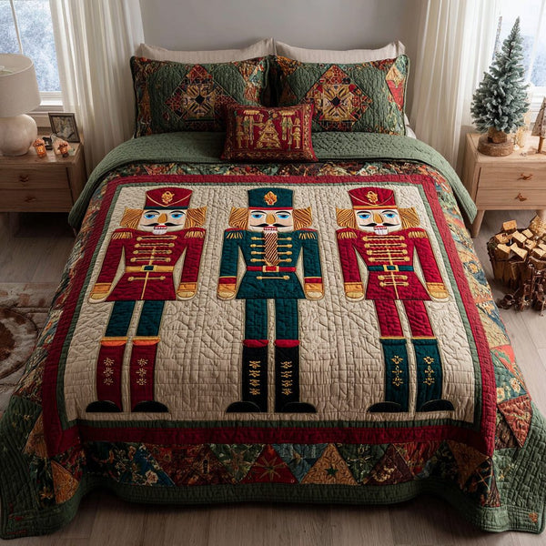 Nutcracker Dreams quilted 3-piece bedding set on a made bed in a winter-styled bedroom