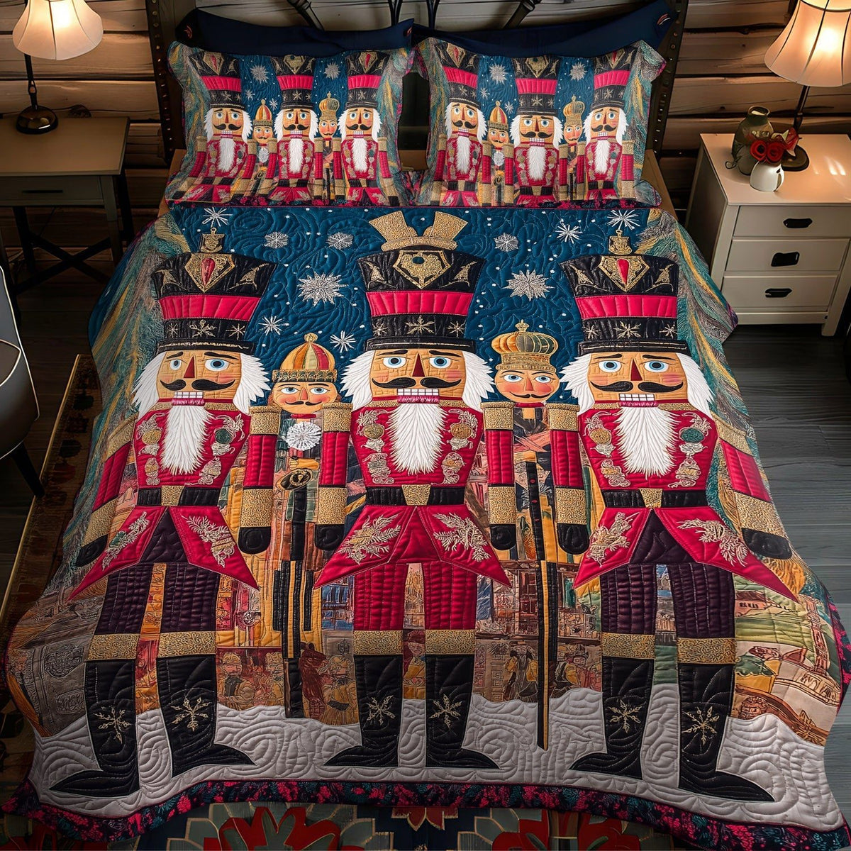 Nutcracker Elegance quilted 3-piece bedding set on a made bed in a winter-styled bedroom