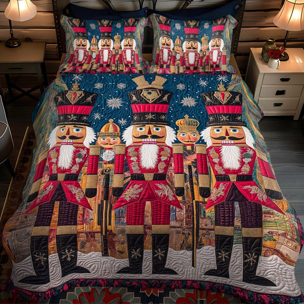 Nutcracker Elegance quilted 3-piece bedding set on a made bed in a winter-styled bedroom