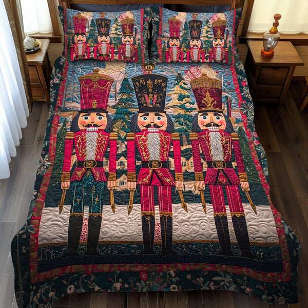 Nutcracker Fantasy quilted 3-piece bedding set on a made bed in a winter-styled bedroom