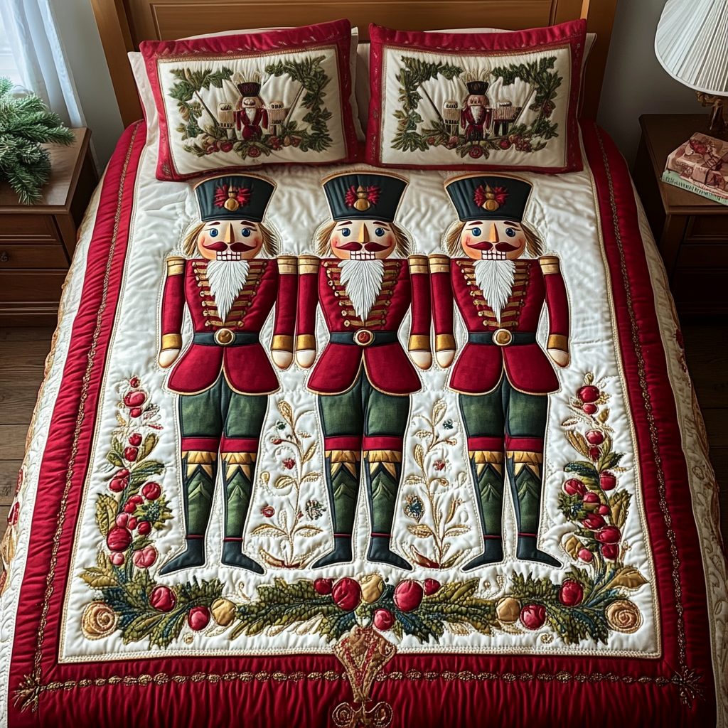 Nutcracker Holiday Spirit quilted 3-piece bedding set on a made bed in a winter-styled bedroom