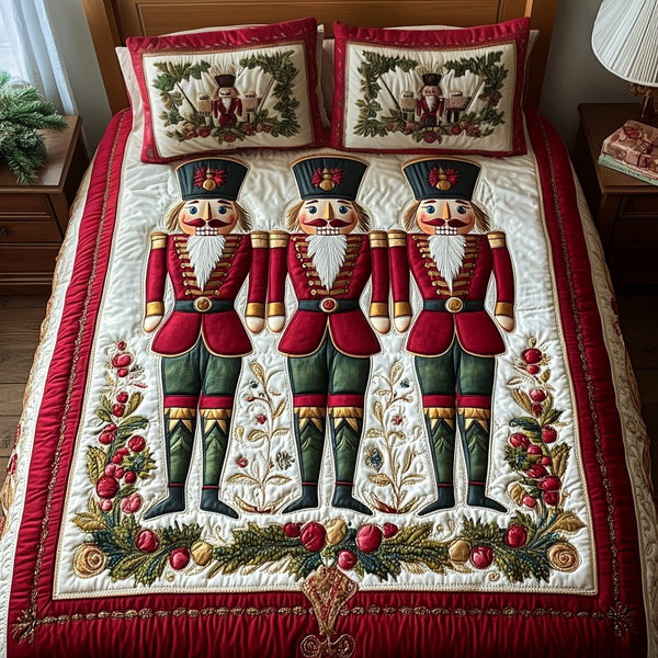 Nutcracker Holiday Spirit quilted 3-piece bedding set on a made bed in a winter-styled bedroom