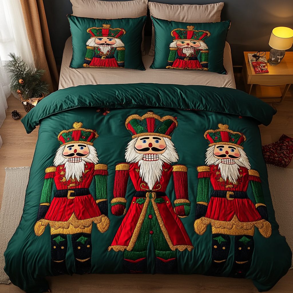 Nutcracker Magic Nights quilted 3-piece bedding set on a made bed in a winter-styled bedroom