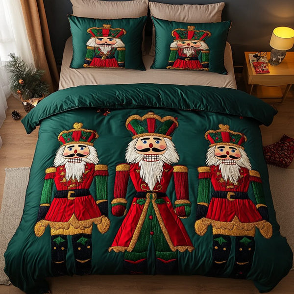 Nutcracker Magic Nights quilted 3-piece bedding set on a made bed in a winter-styled bedroom
