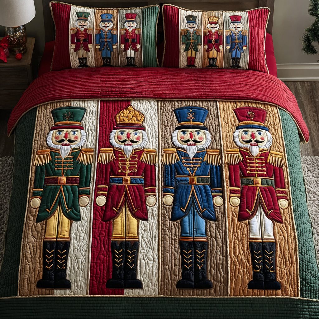 Nutcracker Magic quilted 3-piece bedding set on a made bed in a winter-styled bedroom