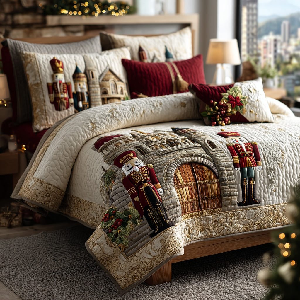 Nutcracker Magic quilted 3-piece bedding set on a made bed in a winter-styled bedroom