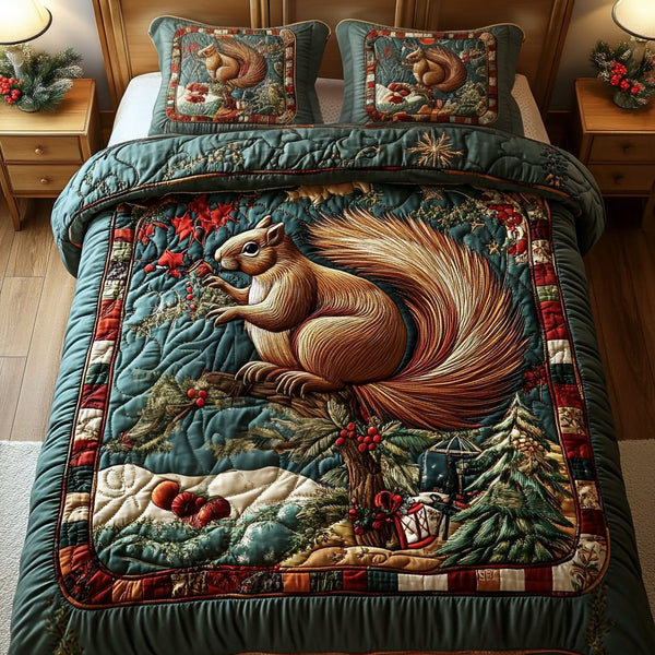 Nutcracker Nest quilted 3-piece bedding set on a made bed in a winter-styled bedroom