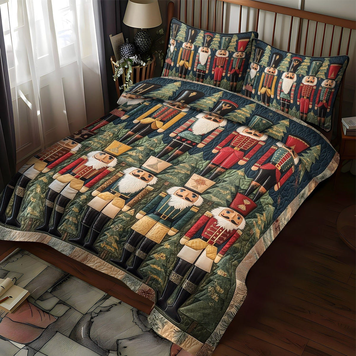 Nutcracker Night quilted 3-piece bedding set on a made bed in a winter-styled bedroom