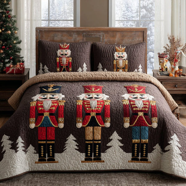 Nutcracker Parade quilted 3-piece bedding set on a made bed in a winter-styled bedroom
