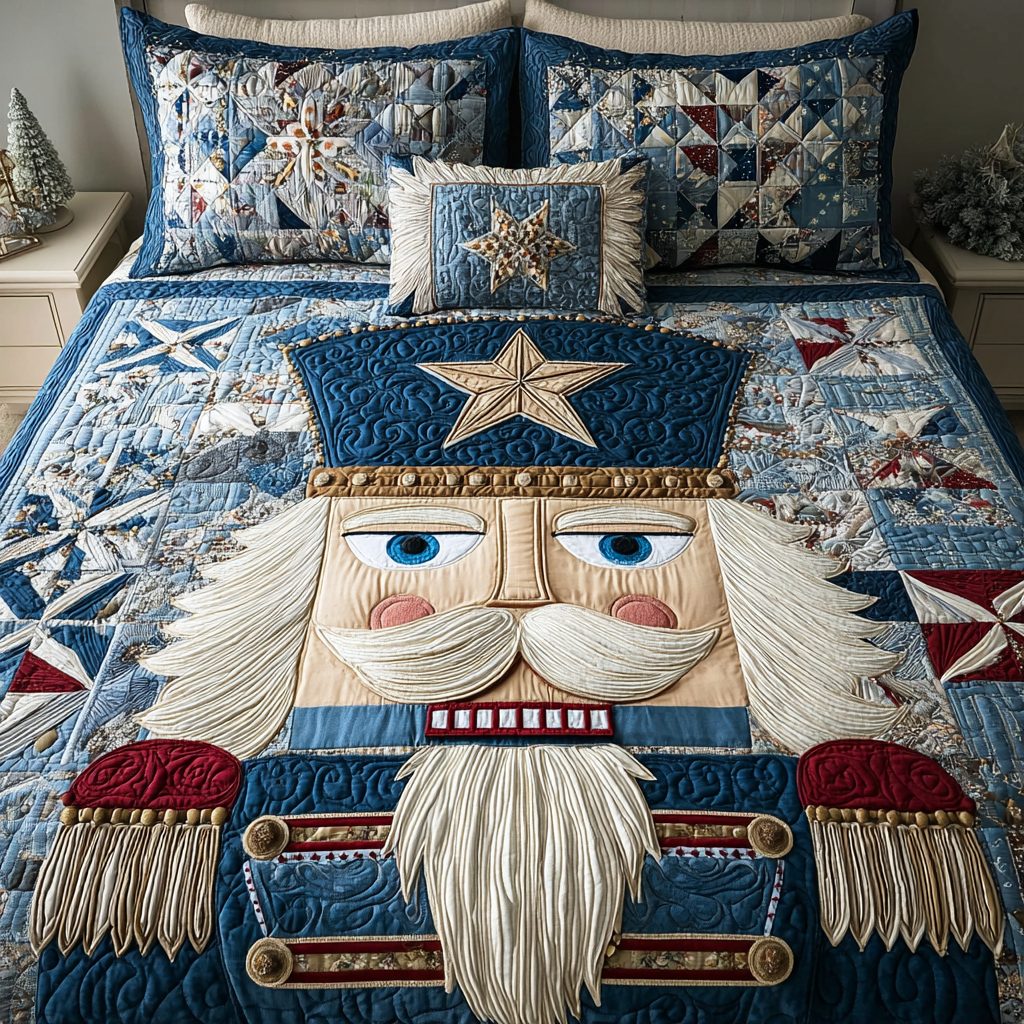 Nutcracker Wonder quilted 3-piece bedding set on a made bed in a winter-styled bedroom