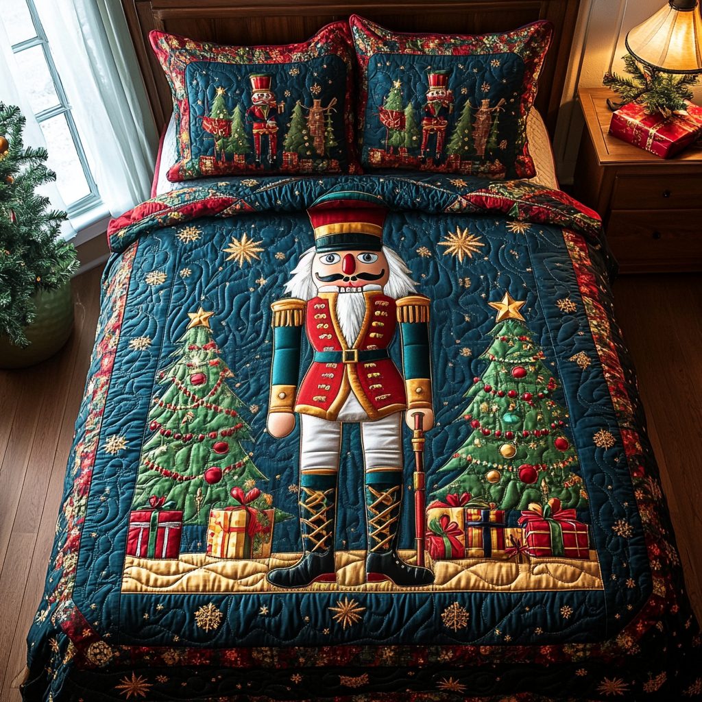 Nutcracker Wonderland quilted 3-piece bedding set on a made bed in a winter-styled bedroom
