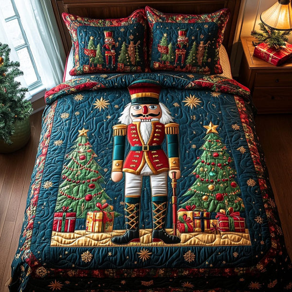 Nutcracker Wonderland quilted 3-piece bedding set on a made bed in a winter-styled bedroom