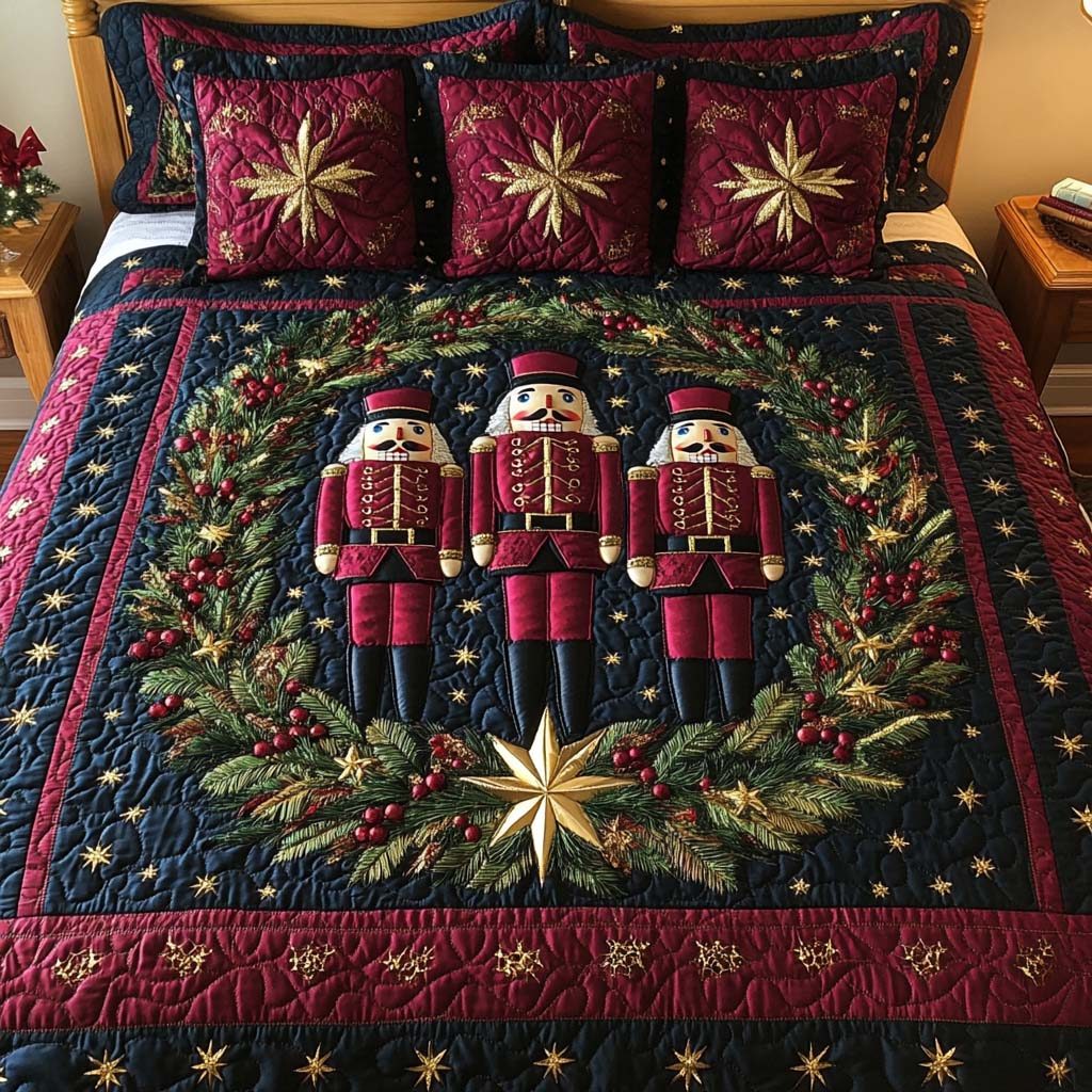 Nutcracker Wreath quilted 3-piece bedding set on a made bed in a winter-styled bedroom