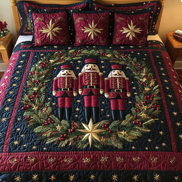Nutcracker Wreath quilted 3-piece bedding set on a made bed in a winter-styled bedroom