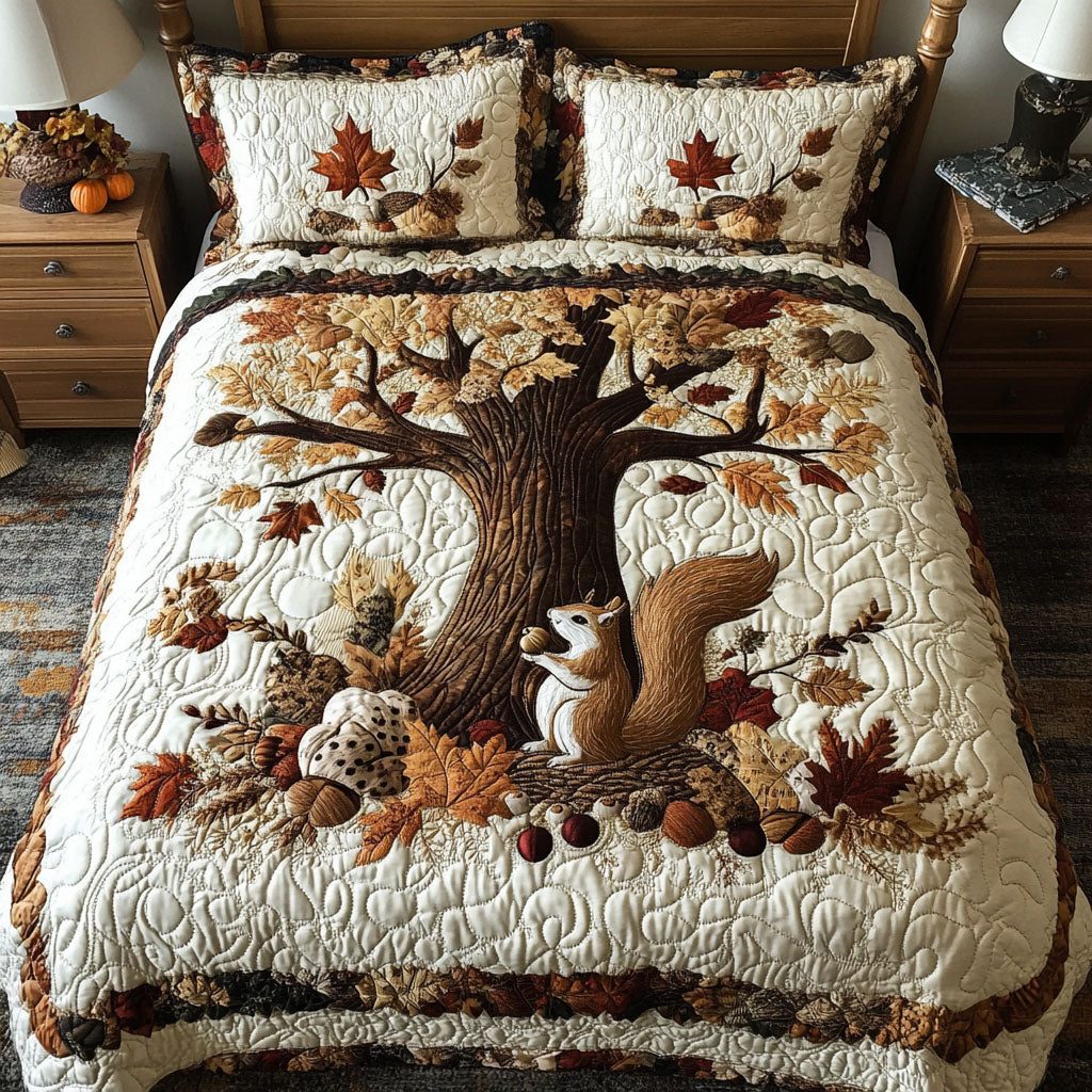 Nutty Autumn Days quilted 3-piece bedding set on a made bed with two matching pillow shams