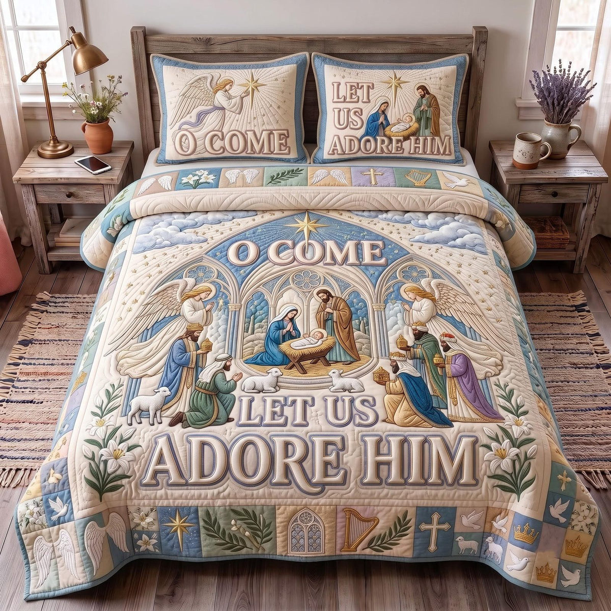 O Come Adore Him quilted 3-piece bedding set on a made bed with two matching pillow shams