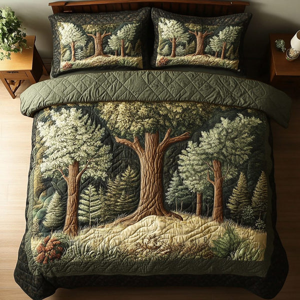 Oak Serenity quilted 3-piece bedding set on a made bed with two matching pillow shams