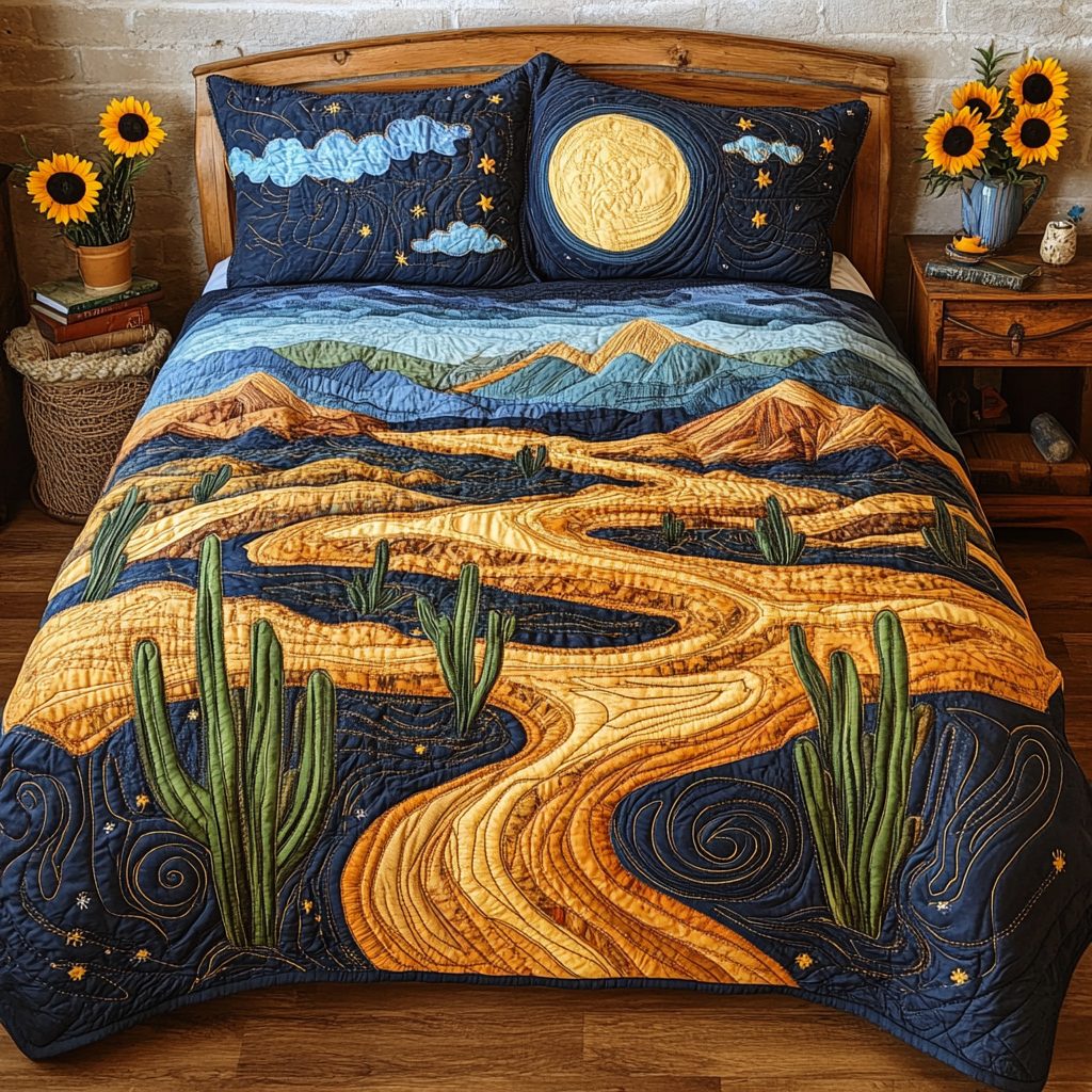 Oasis Charm quilted 3-piece bedding set on a made bed with two matching pillow shams