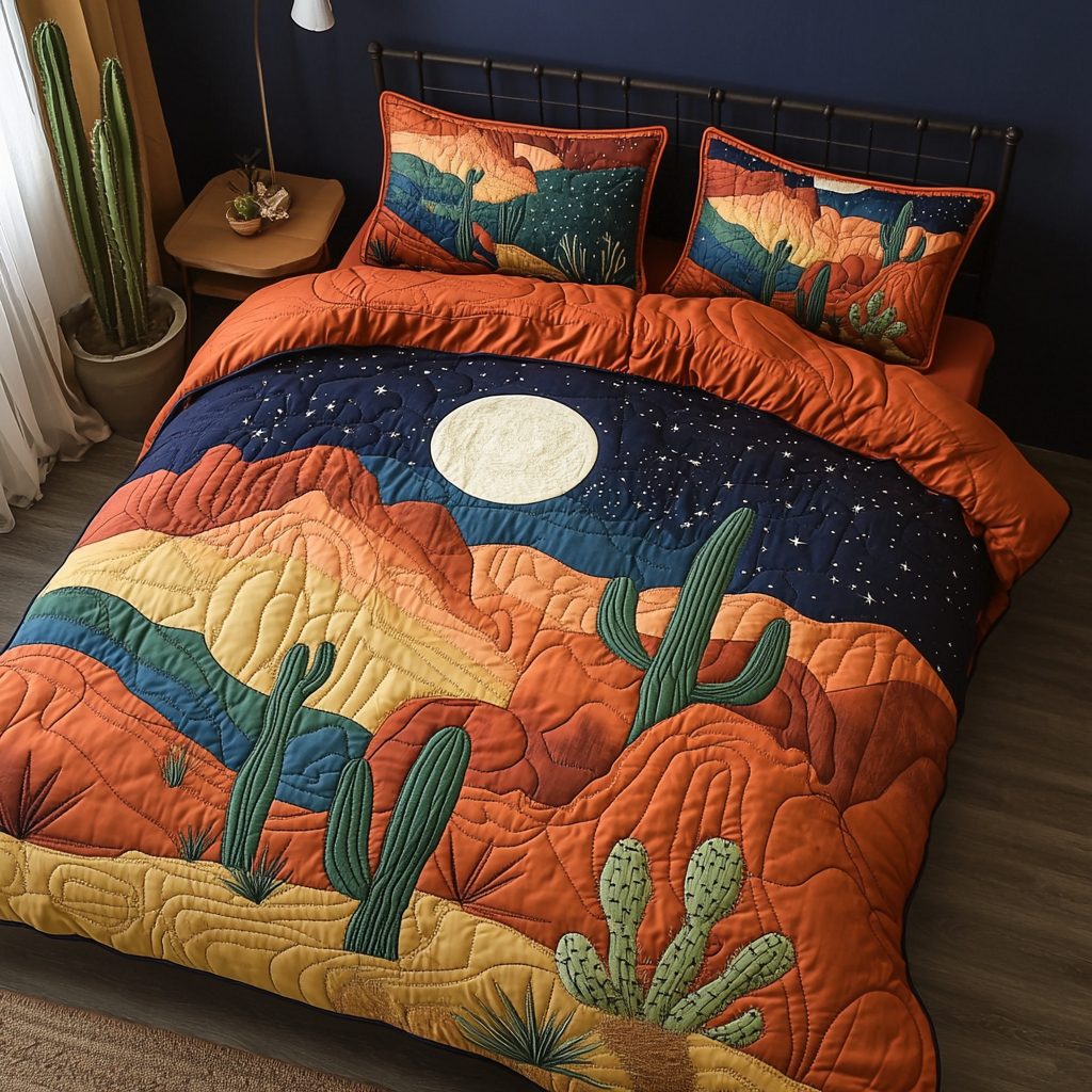 Oasis Magic quilted 3-piece bedding set on a made bed with two matching pillow shams