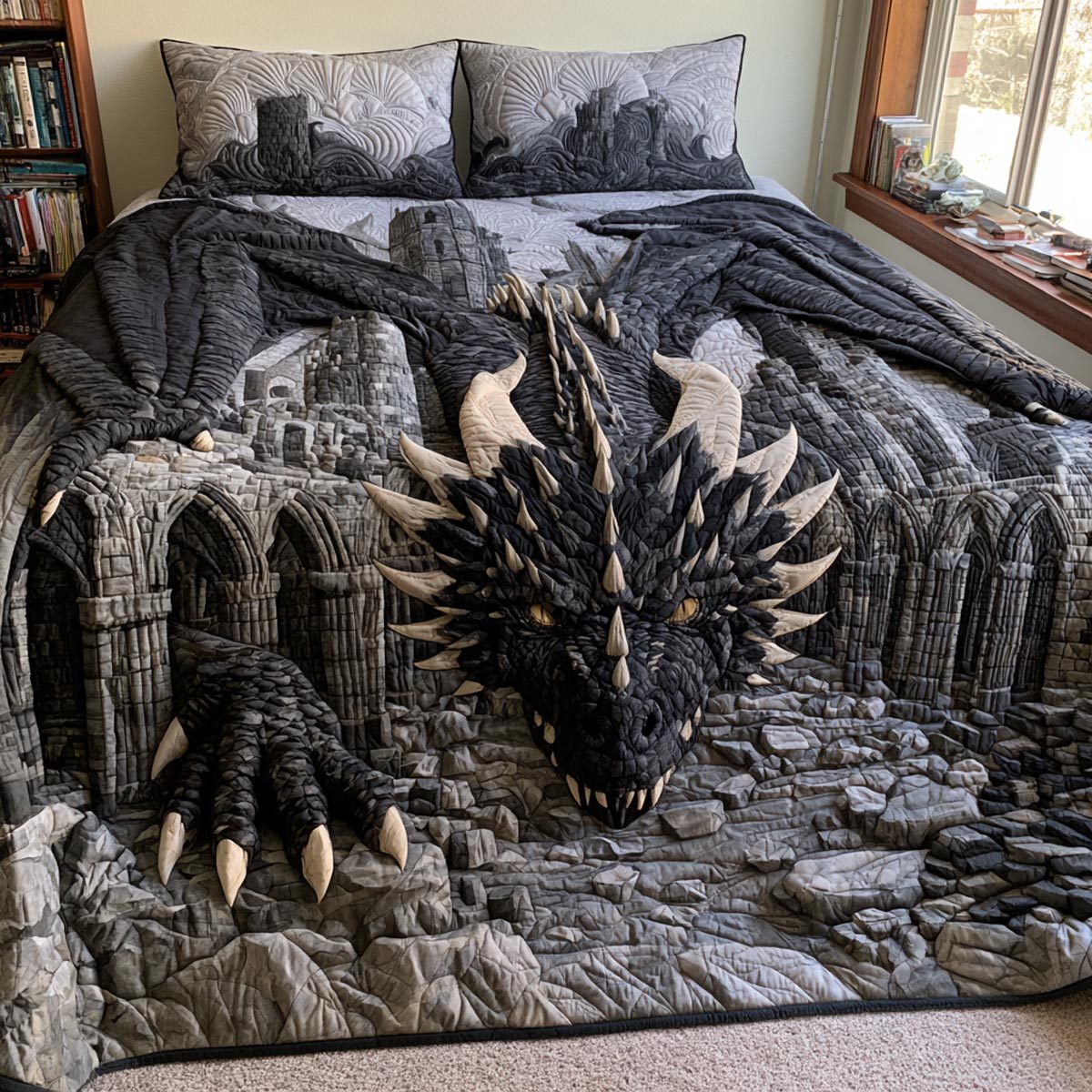 Obsidian Gatekeeper quilted 3-piece bedding set on a made bed with two matching pillow shams